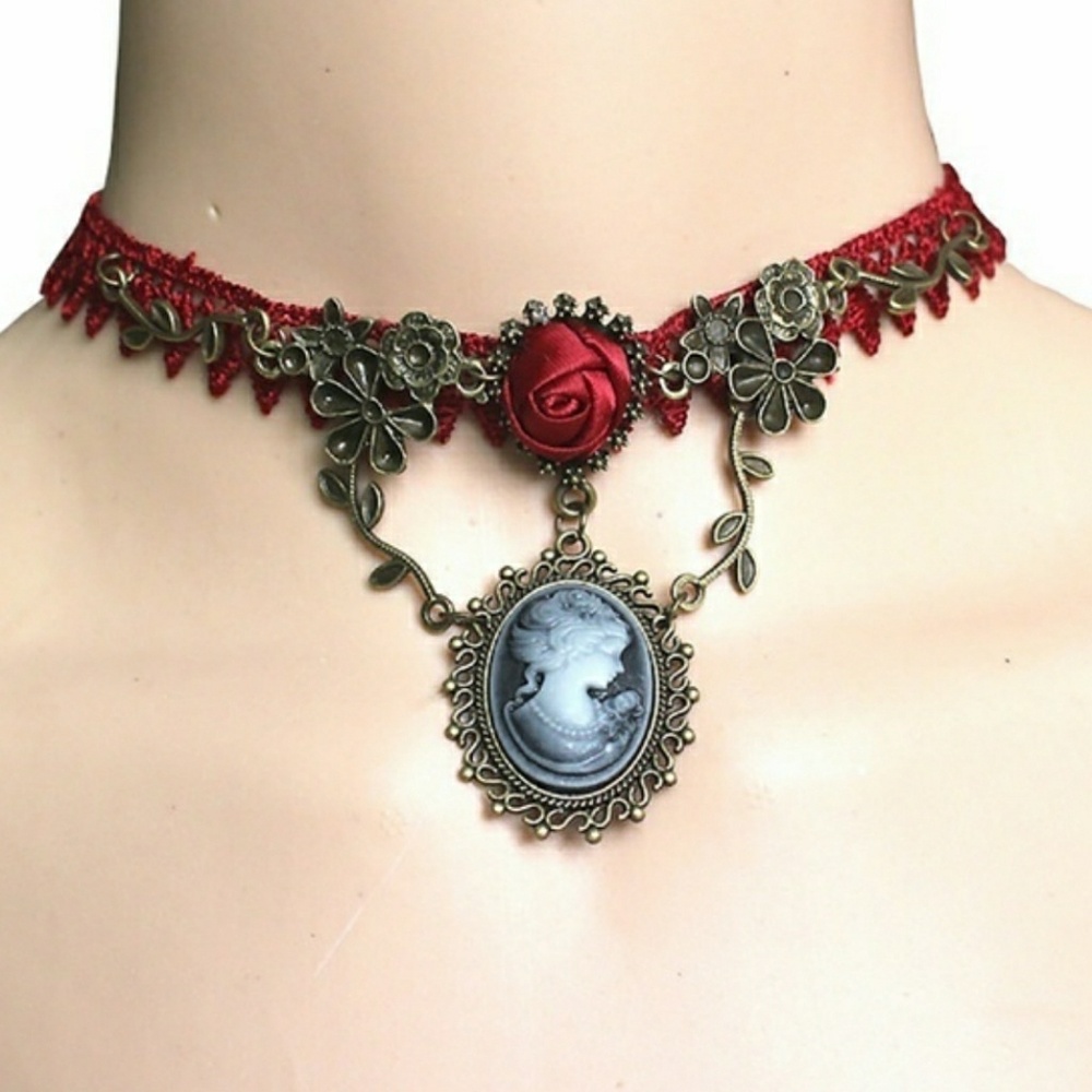 Rose red cameo Victorian choker